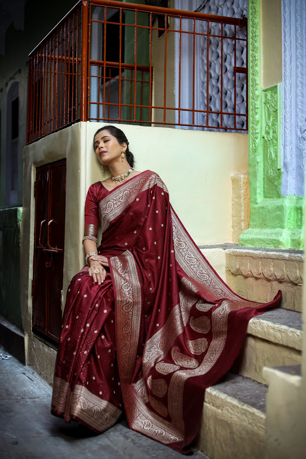 Garnet Wine Siroski Intricate Stone Work Banarasi Mashru Silk Saree