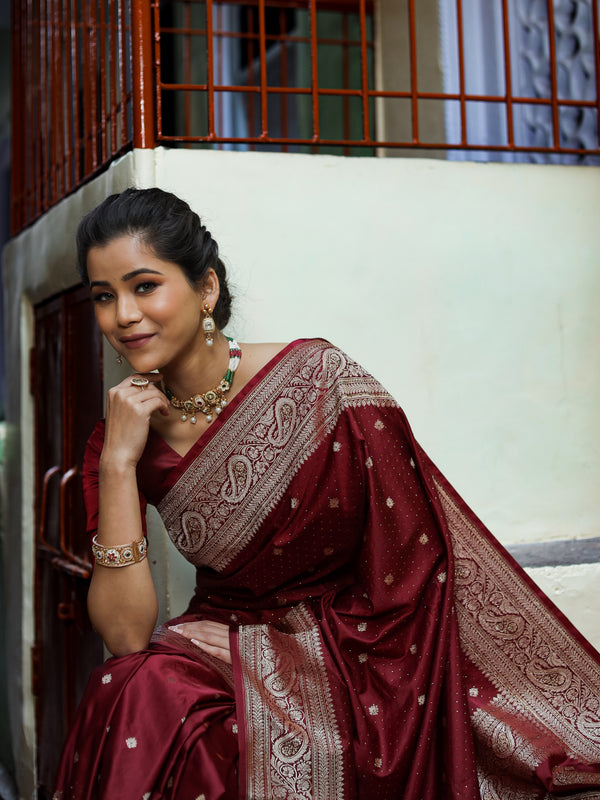 Garnet Wine Siroski Intricate Stone Work Banarasi Mashru Silk Saree