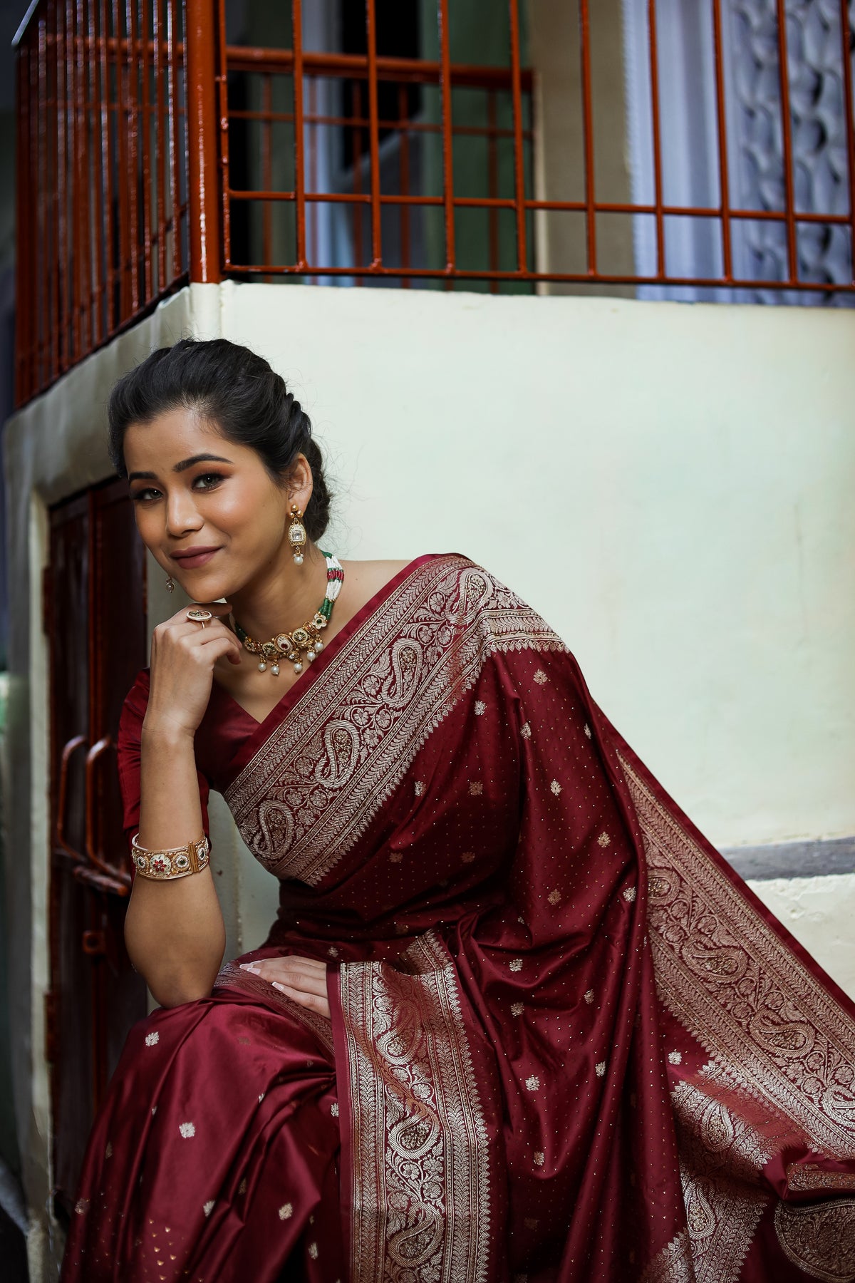 Garnet Wine Siroski Intricate Stone Work Banarasi Mashru Silk Saree