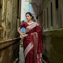 Garnet Wine Siroski Intricate Stone Work Banarasi Mashru Silk Saree