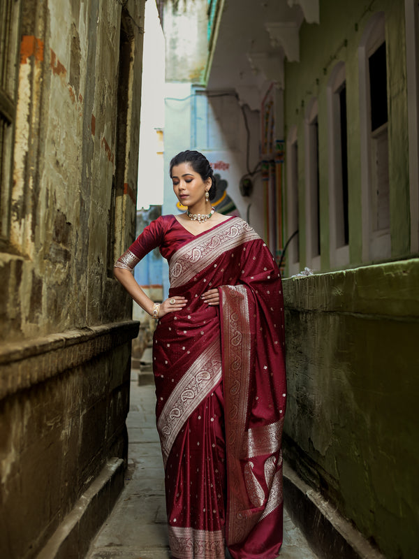 Garnet Wine Siroski Intricate Stone Work Banarasi Mashru Silk Saree