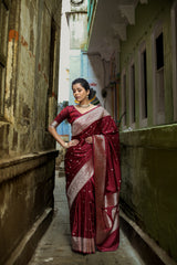 Garnet Wine Siroski Intricate Stone Work Banarasi Mashru Silk Saree