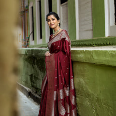 Garnet Wine Siroski Intricate Stone Work Banarasi Mashru Silk Saree