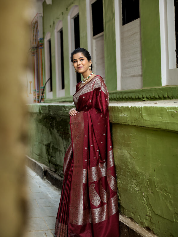 Garnet Wine Siroski Intricate Stone Work Banarasi Mashru Silk Saree