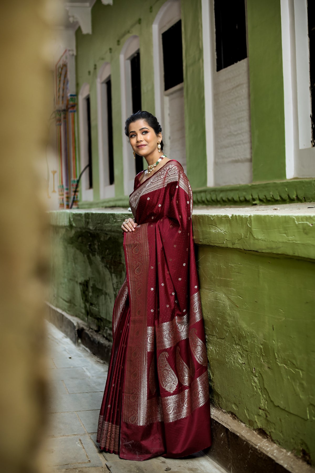 Garnet Wine Siroski Intricate Stone Work Banarasi Mashru Silk Saree