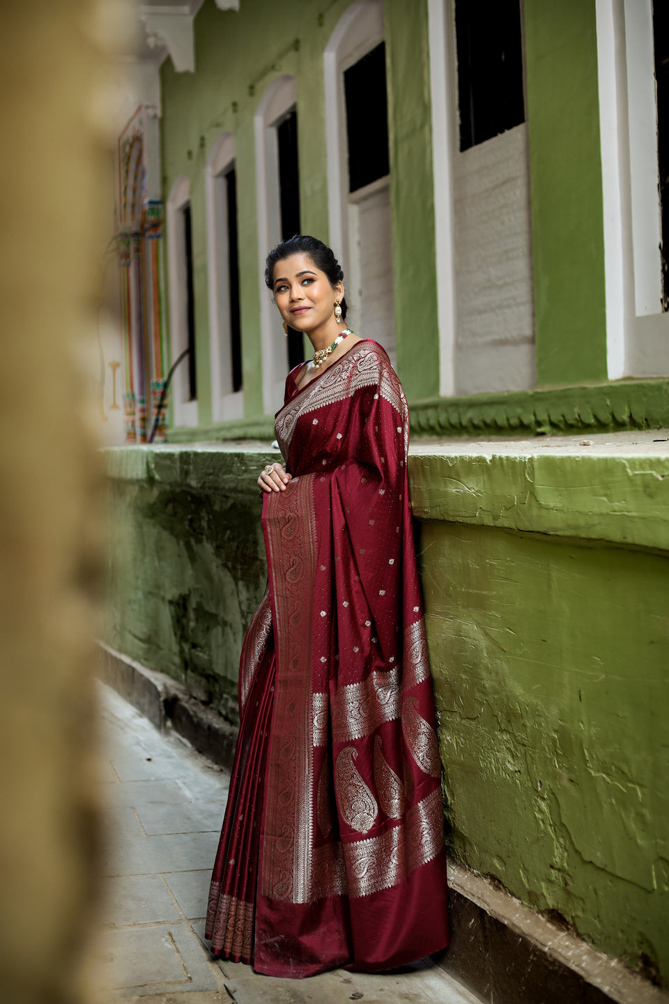 Garnet Wine Siroski Intricate Stone Work Banarasi Mashru Silk Saree