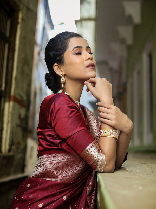 Garnet Wine Siroski Intricate Stone Work Banarasi Mashru Silk Saree