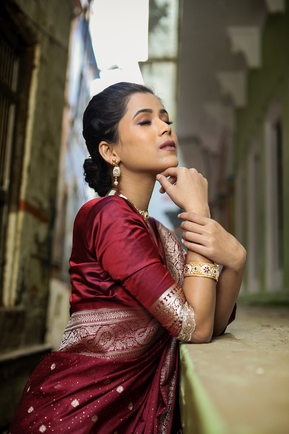 Garnet Wine Siroski Intricate Stone Work Banarasi Mashru Silk Saree