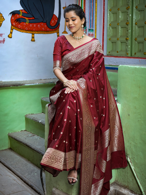 Garnet Wine Siroski Intricate Stone Work Banarasi Mashru Silk Saree