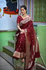 Garnet Wine Siroski Intricate Stone Work Banarasi Mashru Silk Saree