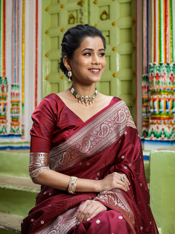 Garnet Wine Siroski Intricate Stone Work Banarasi Mashru Silk Saree