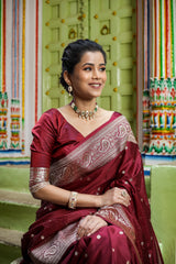 Garnet Wine Siroski Intricate Stone Work Banarasi Mashru Silk Saree