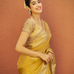 Janhvi Kapoor Inspired Yellow Gold Soft Tissue Silk Saree | Unstitched Blouse Piece
