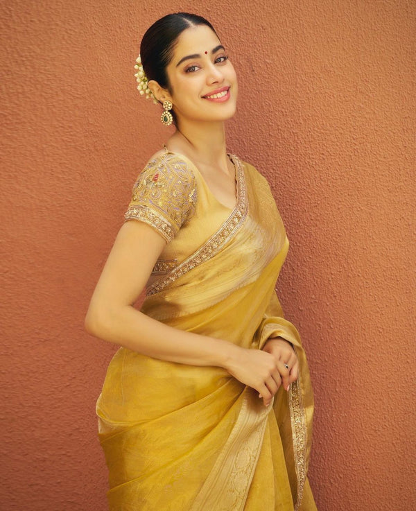Janhvi Kapoor Inspired Yellow Gold Soft Tissue Silk Saree | Unstitched Blouse Piece