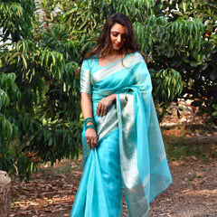 Turquoise Blue Organza Saree Banarasi Skirt Border Woven Pattern | Hanfi Handicraft