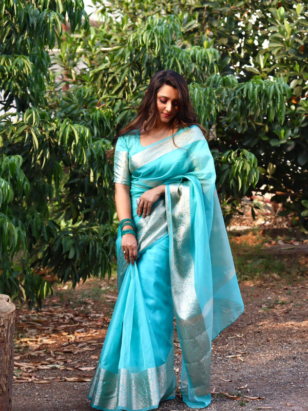 Turquoise Blue Organza Saree Banarasi Skirt Border Woven Pattern | Hanfi Handicraft