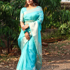 Turquoise Blue Organza Saree Banarasi Skirt Border Woven Pattern | Hanfi Handicraft