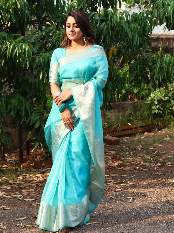 Turquoise Blue Organza Saree Banarasi Skirt Border Woven Pattern | Hanfi Handicraft