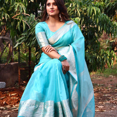 Turquoise Blue Organza Saree Banarasi Skirt Border Woven Pattern | Hanfi Handicraft