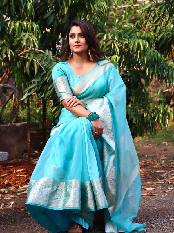 Turquoise Blue Organza Saree Banarasi Skirt Border Woven Pattern | Hanfi Handicraft