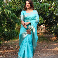Turquoise Blue Organza Saree Banarasi Skirt Border Woven Pattern | Hanfi Handicraft