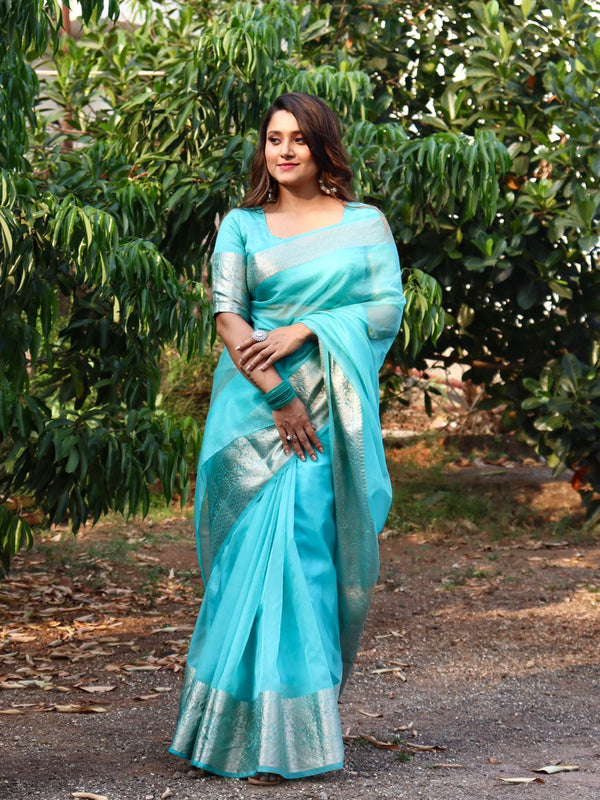 Turquoise Blue Organza Saree Banarasi Skirt Border Woven Pattern | Hanfi Handicraft