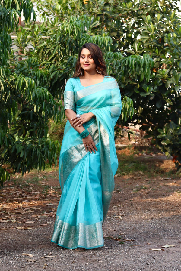 Turquoise Blue Organza Saree Banarasi Skirt Border Woven Pattern | Hanfi Handicraft