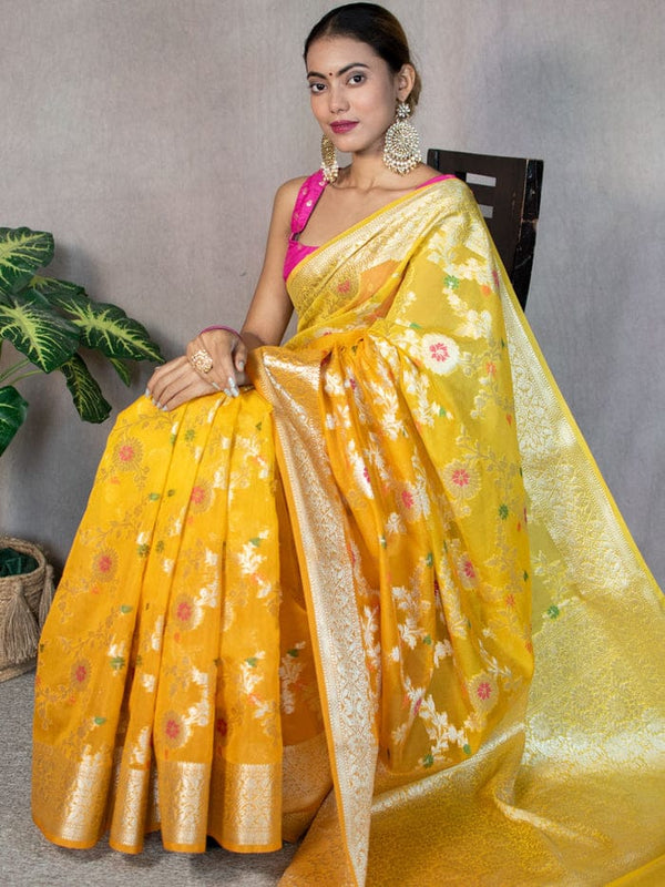 Yellow Gold Banarasi Georgette Meena Jaal Saree | Attractive & Elegant