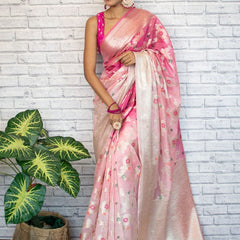 Flamingo Pink Shaded Banarasi Georgette Meena Jaal Saree | Attractive & Elegant