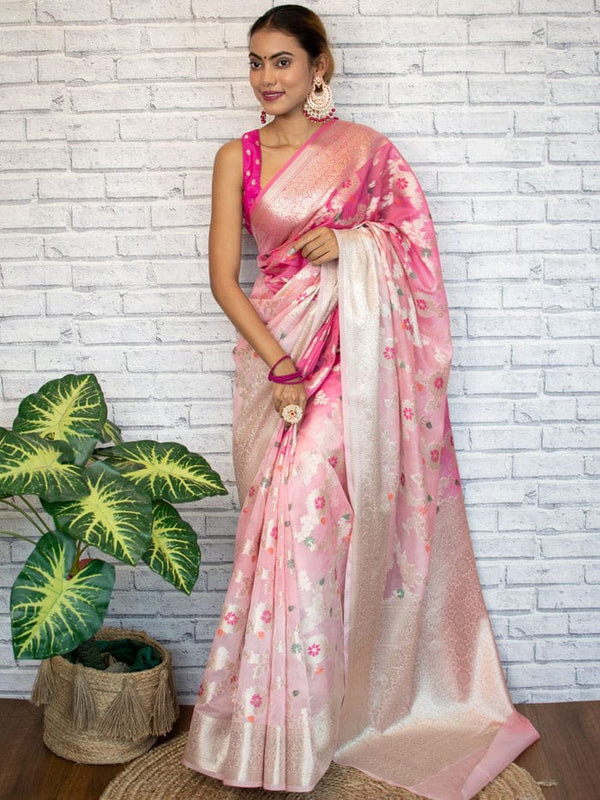 Flamingo Pink Shaded Banarasi Georgette Meena Jaal Saree | Attractive & Elegant