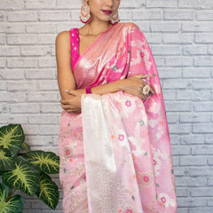 Flamingo Pink Shaded Banarasi Georgette Meena Jaal Saree | Attractive & Elegant