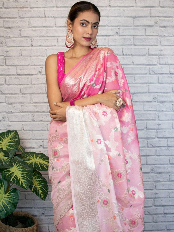 Flamingo Pink Shaded Banarasi Georgette Meena Jaal Saree | Attractive & Elegant