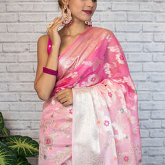 Flamingo Pink Shaded Banarasi Georgette Meena Jaal Saree | Attractive & Elegant