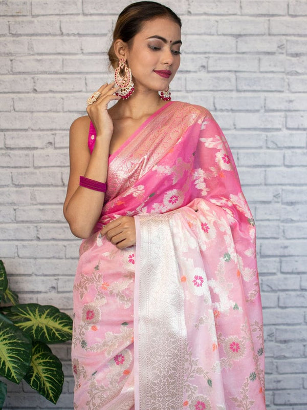 Flamingo Pink Shaded Banarasi Georgette Meena Jaal Saree | Attractive & Elegant