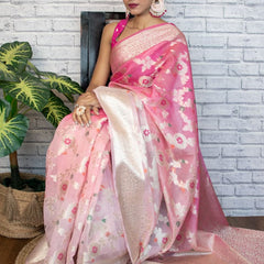 Flamingo Pink Shaded Banarasi Georgette Meena Jaal Saree | Attractive & Elegant