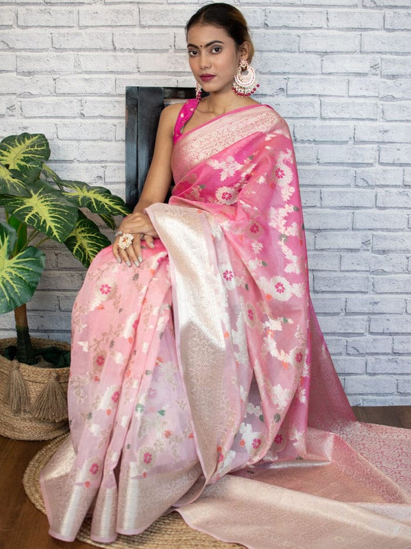 Flamingo Pink Shaded Banarasi Georgette Meena Jaal Saree | Attractive & Elegant