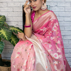 Flamingo Pink Shaded Banarasi Georgette Meena Jaal Saree | Attractive & Elegant