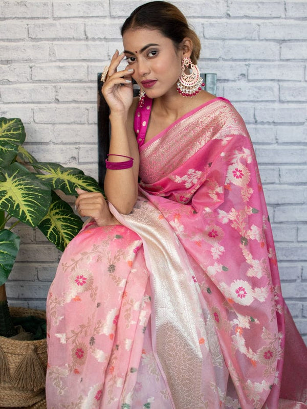 Flamingo Pink Shaded Banarasi Georgette Meena Jaal Saree | Attractive & Elegant