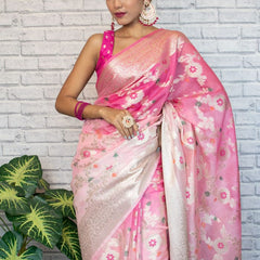 Flamingo Pink Shaded Banarasi Georgette Meena Jaal Saree | Attractive & Elegant