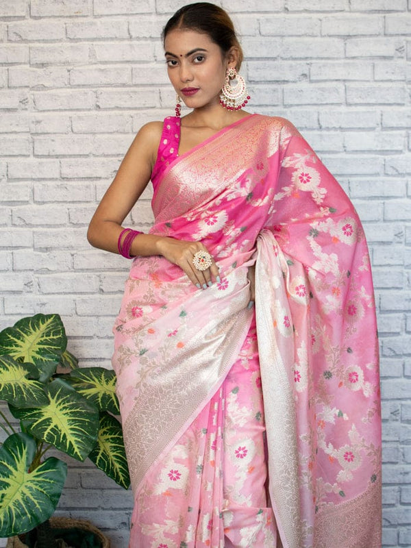 Flamingo Pink Shaded Banarasi Georgette Meena Jaal Saree | Attractive & Elegant