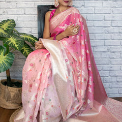Flamingo Pink Shaded Banarasi Georgette Meena Jaal Saree | Attractive & Elegant