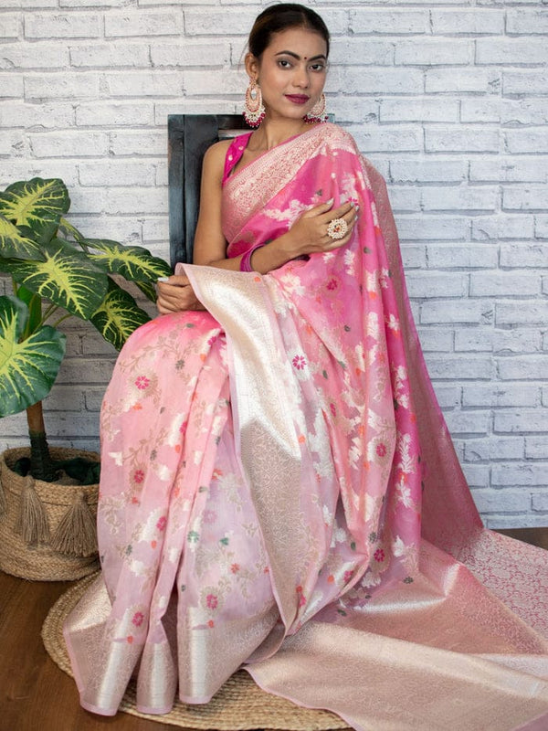 Flamingo Pink Shaded Banarasi Georgette Meena Jaal Saree | Attractive & Elegant