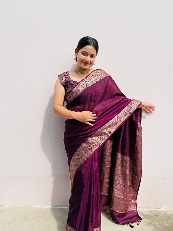 Magenta wine Classic Banarasi Woven Soft Saree with Antique Zari Borders