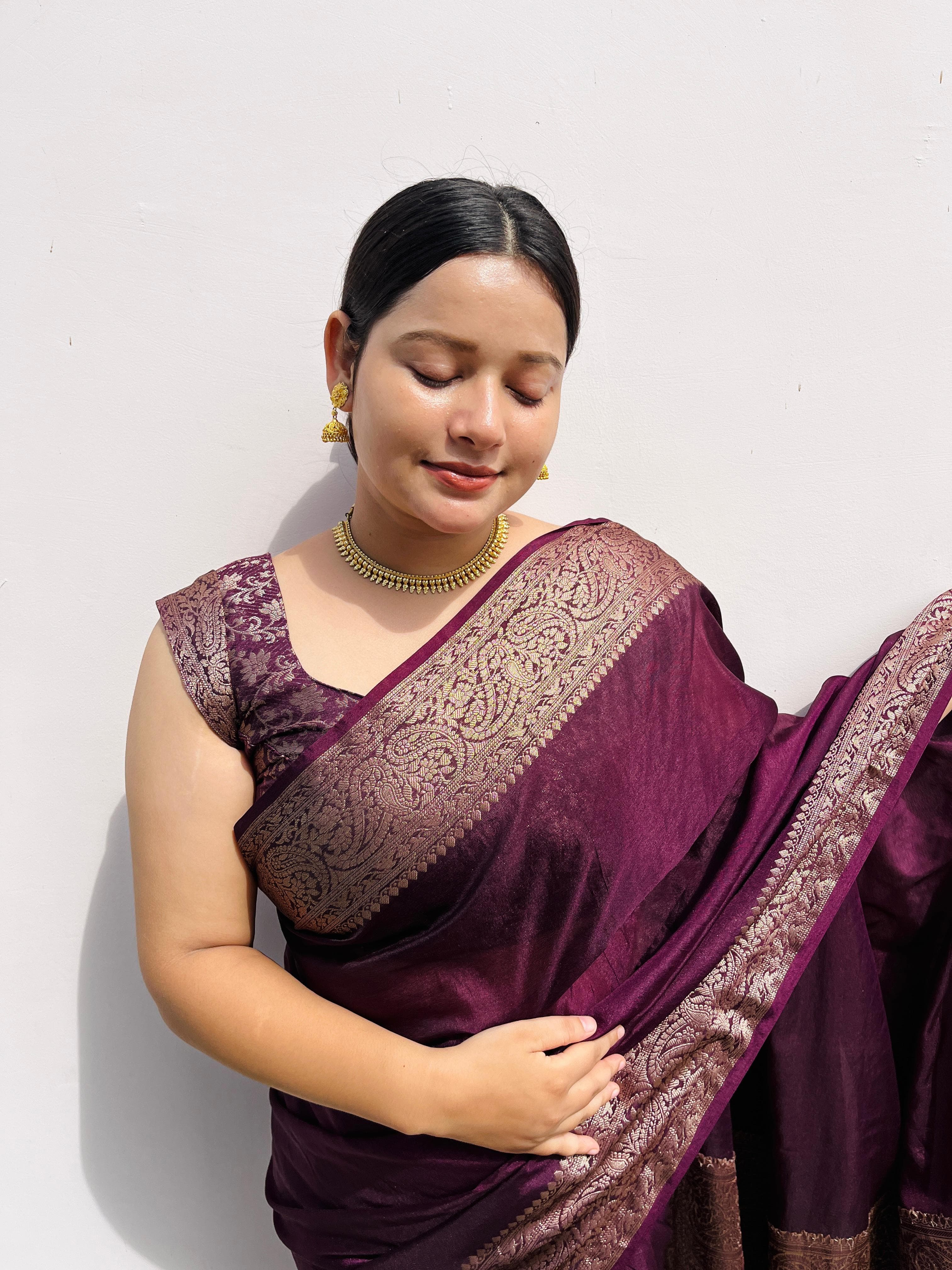 Magenta wine Classic Banarasi Woven Soft Saree with Antique Zari Borders