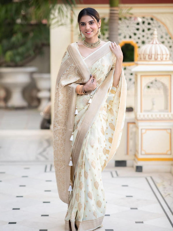 Off White Stunning Banarasi Saree with Elegant Zari Woven Design