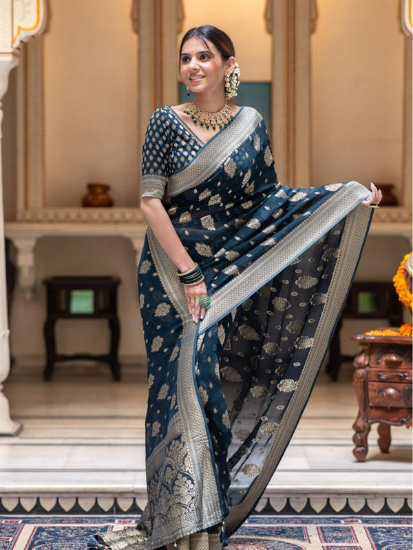 Navy Blue Stunning Banarasi Saree with Elegant Zari Woven Design