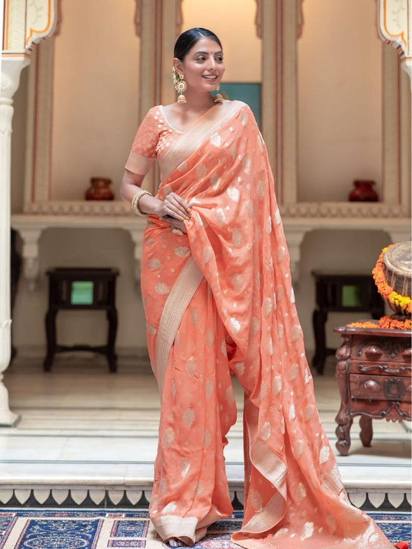 Coral Peach Stunning Banarasi Saree with Elegant Zari Woven Design