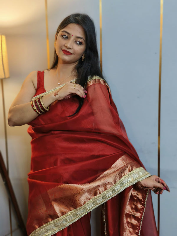 Celebrity-Inspired Blood Red Soft Tissue Silk Saree with Handmade Zardozi Work