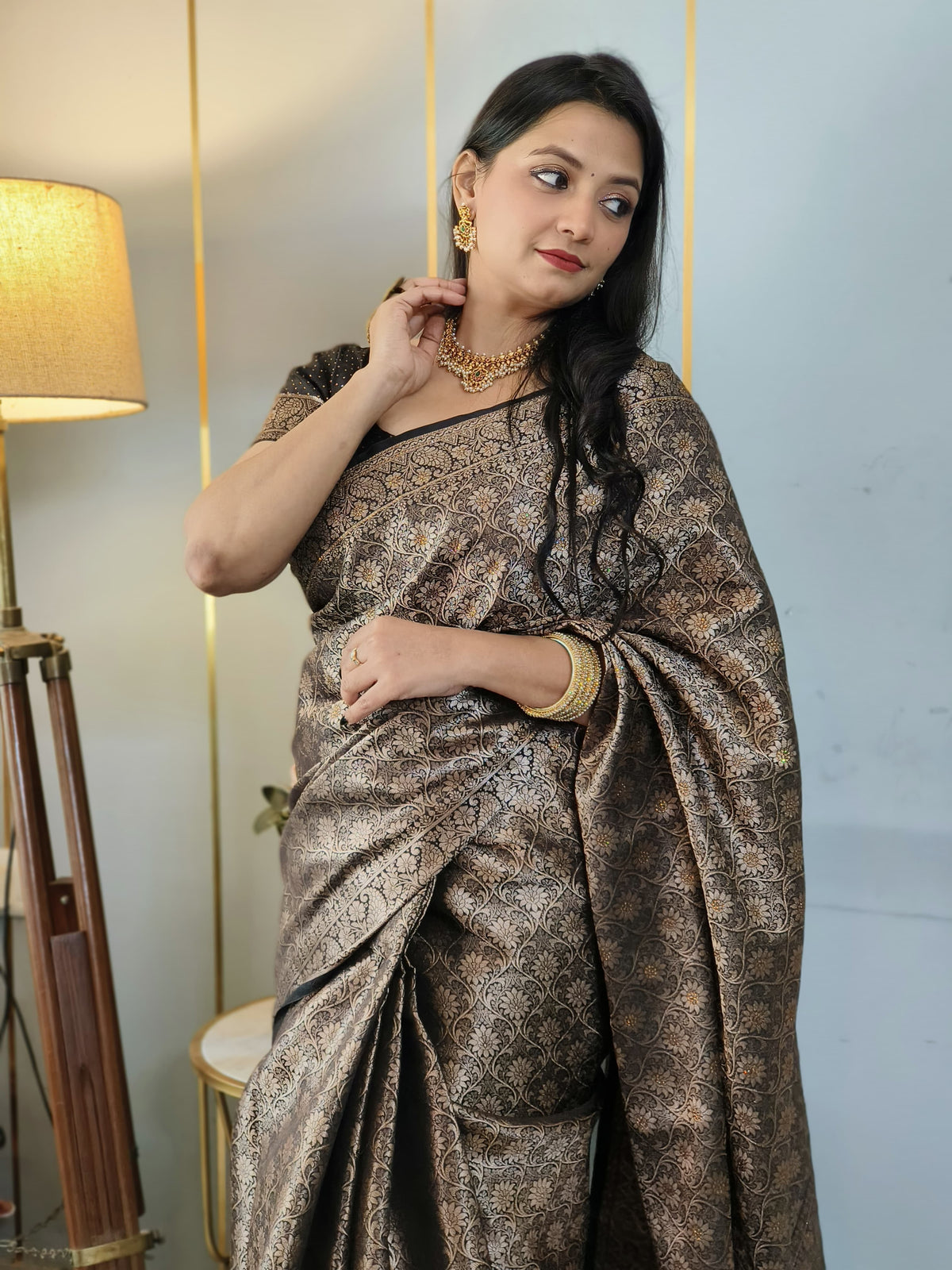 Black Banarasi Soft Silk Saree with Siroski Stone Work Embriodered Blouse & Saree