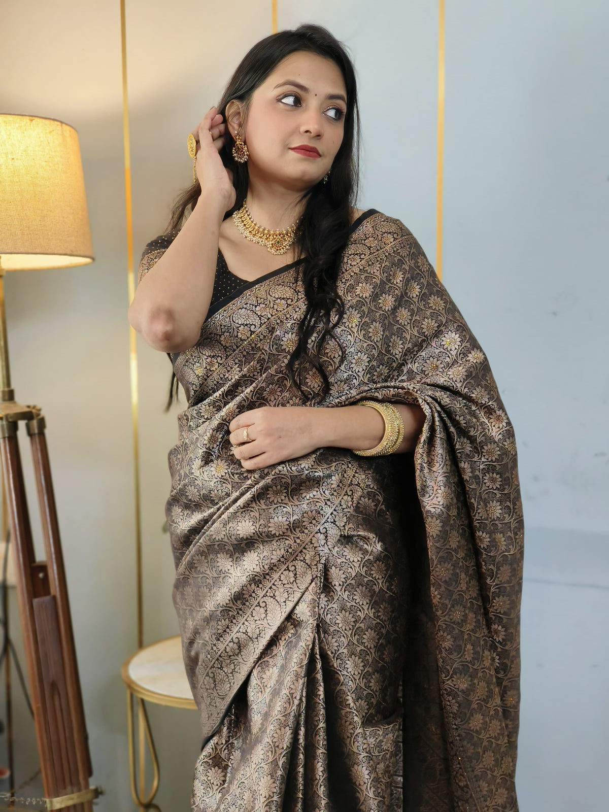 Black Banarasi Soft Silk Saree with Siroski Stone Work Embriodered Blouse & Saree